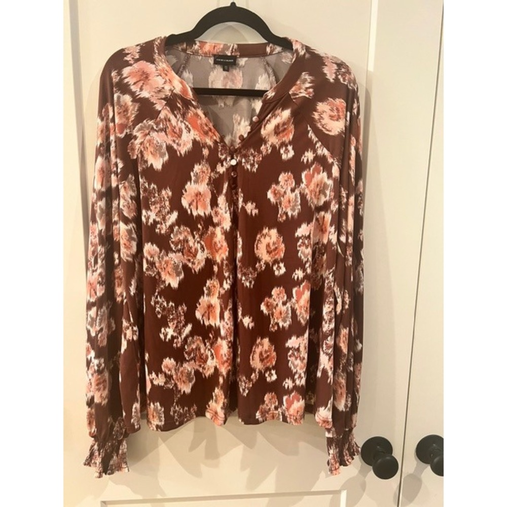 Buckle Black Womens XL Brown Coral Floral Ikat Henley Blouse Smocked Cuff Top